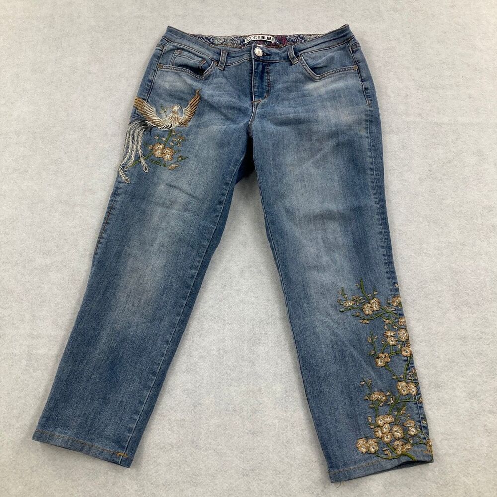 CODE BLEU Women's Size 8 Grace Boyfriend Jeans Embroidered Phoenix Floral Blue